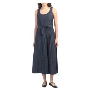 Linea Moda Denim Pleated Maxi Dress Size L Sleeveless Scoop Neck Belted New
